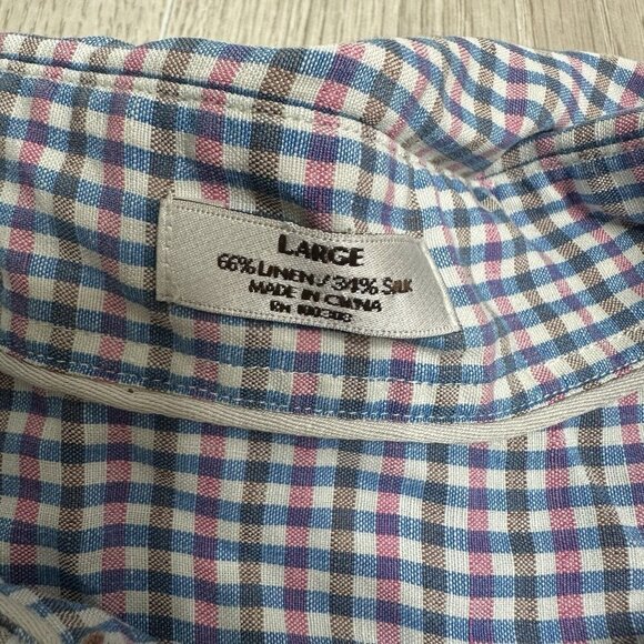 Peter Millar Mens Blue Pink Plaid Silk Linen Short Sleeve Button Up Shirt Sz L - Picture 5 of 10